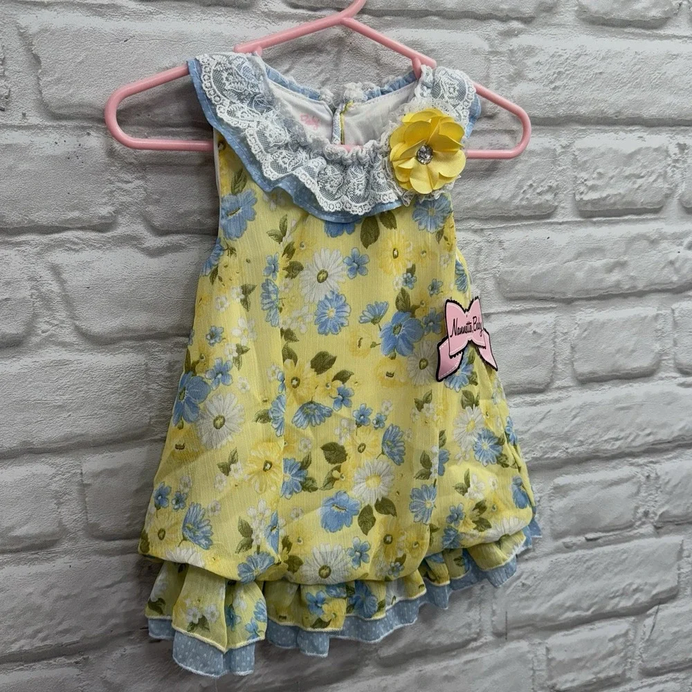 New Nannette Floral Yellow Dress Pink 18m  Baby Girls Lace Ruffled Summer Dress‎